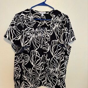 Nine West Black White Floral Blouse XL Flutter Sleeve Elastic Waist Top